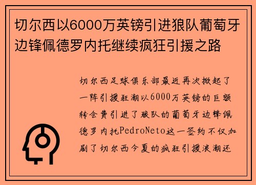 切尔西以6000万英镑引进狼队葡萄牙边锋佩德罗内托继续疯狂引援之路