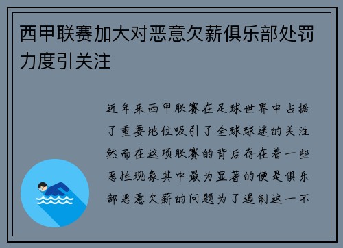 西甲联赛加大对恶意欠薪俱乐部处罚力度引关注